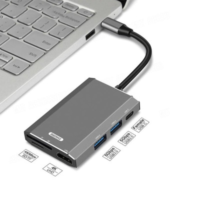 Hub chuyển đổi Remax RU-U30 6 in 1 cổng Type C ra USB 3.0 Hợp Kim Nhôm + HDMI + Đầu đọc thẻ nhớ - Hàng Chính Hãng