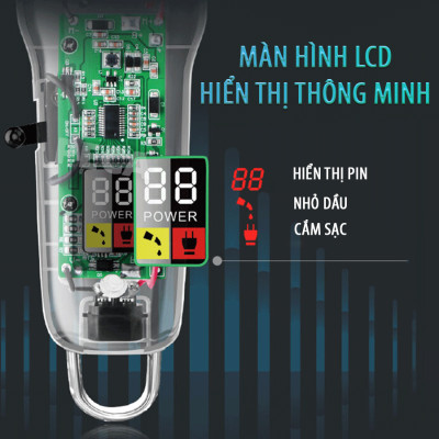 Tông đơ cắt tóc chuyên nghiệp Kemei KM-NG108 màn hình LCD hiển thị phiên bản thấy mạch công suất mạnh dùng sạc USB pin trâu sạc nhanh, kèm 6 cữ lược căn độ dài và phụ kiện đầy đủ - Hàng chính hãng