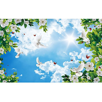 Tranh trần nhà 3D bầu trời hoa lá TN52