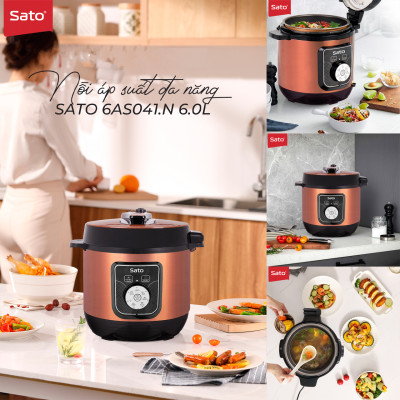 Nồi áp suất đa năng SATO 6AS041.N 6.0L - Nồi áp suất đa chức năng : nấu cơm, nấu cháo, hầm gân, ninh, súp, hấp, giữ ấm ... Dung tích : 6.0 lít phù hợp gia đình 4 - 6 người - Miễn phí vận chuyển toàn quốc - Hàng chính hãng