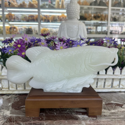 Tượng cá Rồng Kim Long, cá phong thủy tài lộc đá bạch ngọc - Dài 30 cm