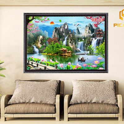 Tranh kính cường lực D801 Sơn Thủy Hữu Tình ( kt100x140cm)