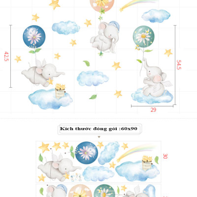 Sticker Giấy Dán Tường Decal Dán tường Tranh Dán Tường Trang Trí Tường Mẫu Những chú voi nhỏ ngộ nghĩnh ZDB-2183