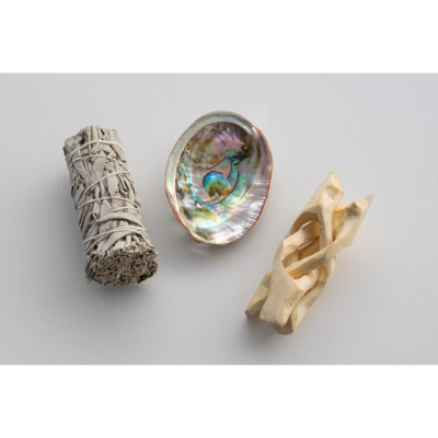 Sét 3 món xô thơm trắng white sage + 1 vỏ ốc Ô4 8cm + 1 chân gỗ xoài