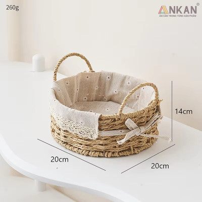 Giỏ Picnic Hình Tròn Có Quai – Đan Tay Thủ Công, Lót Vải Hoa Vintage, Giỏ Đựng Đồ Trang Trí Xinh Xắn