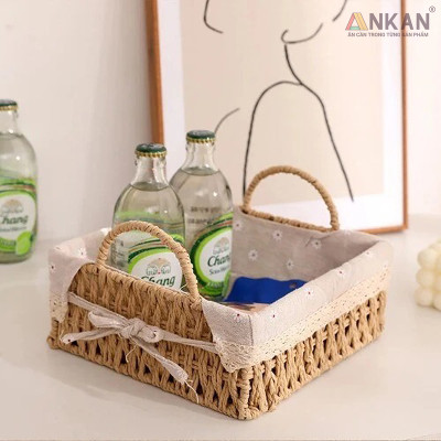 Giỏ Decor Hình Vuông Có Quai Xách – Đan Tay Thủ Công, Lót Vải Hoa Vintage, Trang Trí & Đựng Đồ Đa Năng