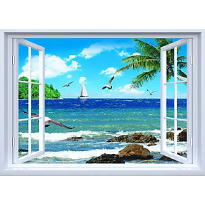 TRANH CỬA SỔ PVP-CS7 Tranh dán tường 3d cửa sổ mở VƯỜN HOA, hàng cây xanh ,Tranh dán tường có sẵn keo,MỞ RỘNG KHÔNG GIAN NGÔ NHÀ,