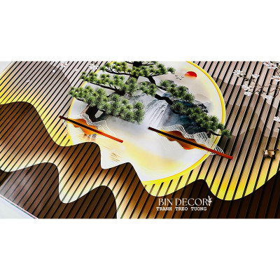 (CÓ ẢNH THẬT) Tranh dán tường 3d lam sóng cây tùng bách 2 trang trí decor phòng khách có sẵn keo