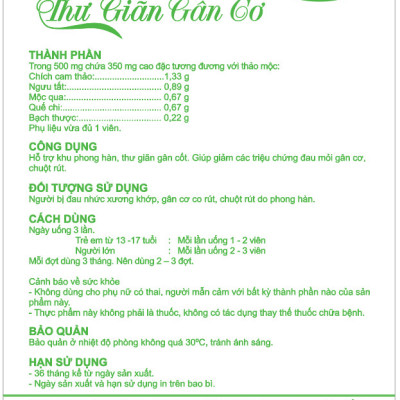 Viên nang PQA Thư Giãn Gân Cơ là dược phẩm thảo dược hỗ trợ kho phong hàn, thư giãn gân cốt, giúp giảm các triệu chứng đau mỏi gân cơ, chuột rút cho người bị đau nhức xương khớp, gân cơ co rút, chuột rút do phong hàn