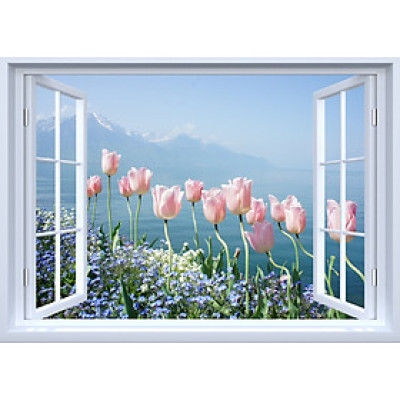 TRANH CỬA SỔ PVP-CS9 Tranh dán tường 3d cửa sổ mở RA BIỂN, BẦU TRỜI XANH, HOA TULIP HỒNG ,Tranh dán tường có sẵn keo,