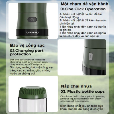 Máy xay hạt cà phê, sinh tố và đá viên dùng pin cầm tay 3 trong 1 thương hiệu Mỹ HiBREW G2 - Hàng Chính Hãng