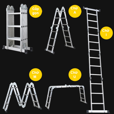 Thang nhôm gấp đoạn DIY TLG-4D chiều cao sử dụng tối đa chữ A 2.3m chữ I 4.7m - Tiêu chuẩn chất lượng an toàn Châu Âu