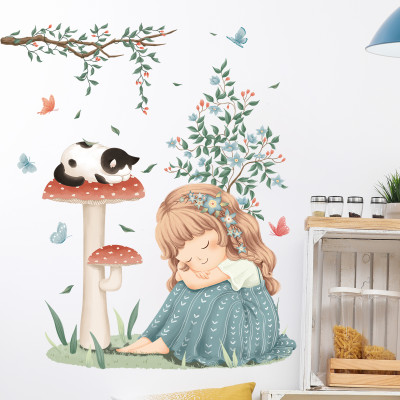 Sticker Giấy Dán Tường Decal Dán tường Tranh Dán Tường Trang Trí Tường Mẫu Cô Bé Bên Cây Nấm ZH-1010