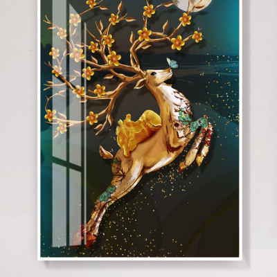 Tranh treo tường phòng khách bóng kiếng pha lê Chú Nai tài lộc nghệ thuật BK_0049