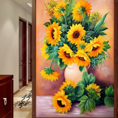 tranh dán tường 3D  , lọ hoa hướng dương sang trọng, LỌ HOA  đẹp PVP-B286