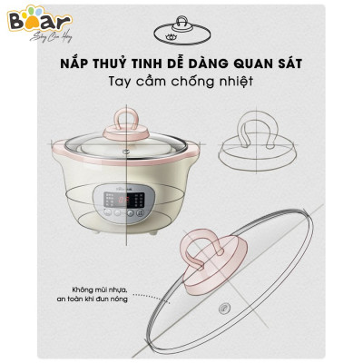Nồi Nấu Chậm 1,6L Bear SUBE002 Đa Năng Nấu Cháo, Chưng Yến Bản Quốc Tế - Hàng Chính Hãng