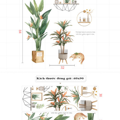 Sticker Giấy Dán Tường Decal Dán tường Tranh Dán Tường Trang Trí Tường Mẫu Chậu Cây Cảnh Phong Cách Vintage ZDB-2191