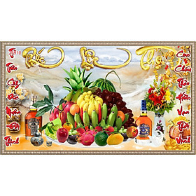 Tranh Dán Tường 3D Vải Lụa Kim Tuyến Mực Dầu Kèm Keo - Mâm Ngũ Quả 01