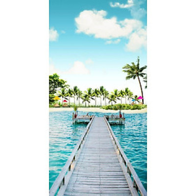 Tranh dán tường 3D cây cầu khổ dọc cảnh biển - con đường- vải lụa kim sa
