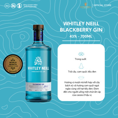 Rượu Whitley Neill Handcrafted Blackberry Gin 43% (700ml) - Không hộp