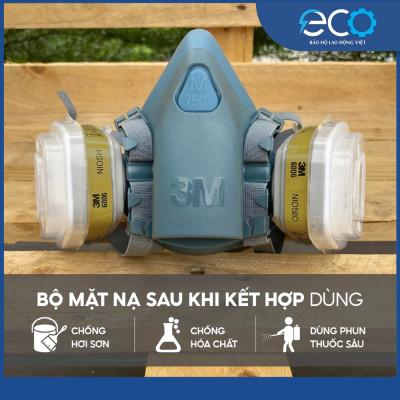Combo (7 món) mặt nạ phòng độc 3M 7501, 7502 kết hợp phin lọc 3M 6006, tấm lọc bụi 5N11 cùng nắp giữ 501 lọc hơi hữu cơ Vô cơ, lọc bụi siêu mịn, phun sơn Lọc hơi độc chính hãng 3M