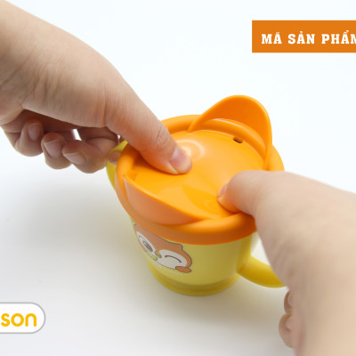 Đồ dùng ăn dặm cho bé MADE IN KOREA -Cốc tập uống Inox 2 lớp có nắp đậy Silicon Edison hình Cú mèo (Quai 2 bên) 5592