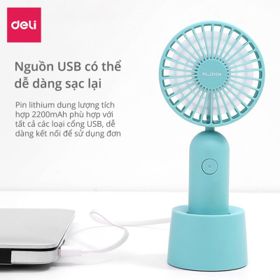 Quạt Tích Điện Deli - Sạc Usb Đa Năng - Hàng Chính Hãng - Mini, Cầm Tay, Kèm Đế Để Bàn Tiện Lợi - Có Thể Tháo Rời, Dễ Dàng Vệ Sinh - Ns916