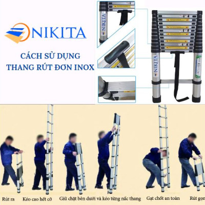 Thang Nikita rút đơn inox, chân tròn có rãnh chống trượt, an toàn, dễ di chuyển.