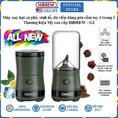 Máy xay hạt cà phê, sinh tố và đá viên dùng pin cầm tay 3 trong 1 thương hiệu Mỹ HiBREW G2 - Hàng Chính Hãng