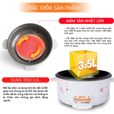 Nồi lẩu điện Comet CM7731 – Dung tích 3.5L, công suất 1300W, chống dính, nắp kính chịu nhiệt, bảo hành 12 tháng - Hàng chính hãng