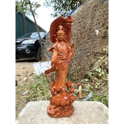 Tượng phật bà quan âm bồ tát bằng gỗ hương đá liền khối  kt 30×9×10cm