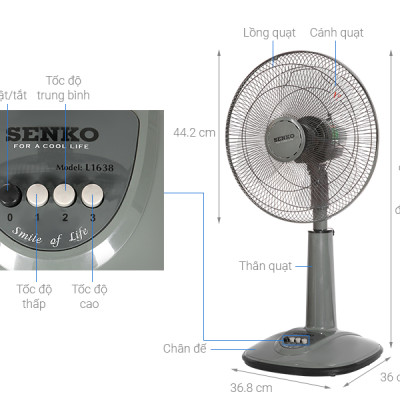 Quạt Điện Đứng Senko L1338 - thay mã mới L1638 Giao Màu Ngẫu Nhiên - Hàng Chính Hãng