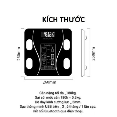 Cân Điện Tử Sức Khoẻ Bluetooth Phân Tích Chỉ Số Cơ Thể Kết Nối Điện Thoại Qua Bluetooth Màn Hình LCD HD, Độ Chính Xác Cao Màu Đen
