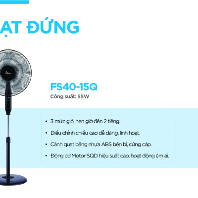 Quạt Đứng, Quạt Cây 5 Cánh Midea FS40-15Q (Quạt Điện Công Suất 55W, Chỉnh Gió 3 Tốc Độ, Có Chức Năng Hẹn Giờ)