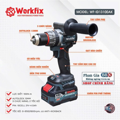 Máy Khoan Workfix WF-ID13100AK 13mm Lực Siết 100Nm 3 Chức Năng , Không Chổi Than ( chính hãƞg)