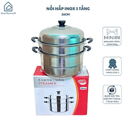 Nồi Hấp Inox 3 Tầng Siêu To 28CM Dùng Cho Cả Bếp Từ Và Bếp Ga, Nồi Hấp Bánh Bao Bánh Flan Hấp Thức Ăn Tặng Kèm Xửng Hấp - HÀNG CHÍNH HÃNG MINIIN