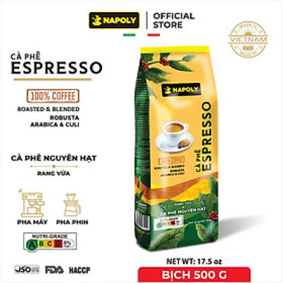 Cà Phê Hạt ESPRESSO Napoly Coffee Robusta & Arabica Nguyên Chất Rang Mộc Thơm Nồng Cho PHA MÁY, PHA PHIN - Túi 500gr