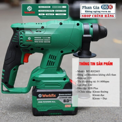 Khoan Bê Tông Pin Workfix 21v-Model: WF-RH2603-3 Chức năng - Pin 15 cell- Bảo hành chính hãƞg.