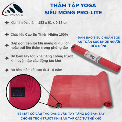 Thảm Yoga Siêu Mỏng 1.5mm ProLite PRO-CARE Cao Su Thiên Nhiên, Có Thể Gấp Gọn - Tặng Túi Đựng Thảm