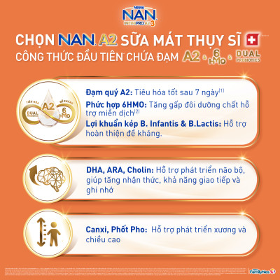 Sữa bột Nestlé NAN INFINIPRO A2 1 với công thức đầu tiên chứa đạm A2, 6HMO & Lợi khuẩn kép nhập khẩu Thụy Sĩ - Hộp 800g cho bé 0 - 12 tháng