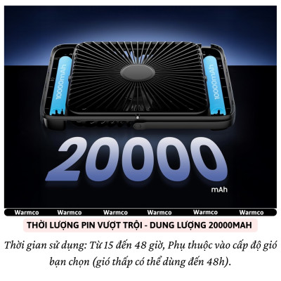 Quạt để bàn / treo đa năng turbo siêu mỏng 20.000 mAh, đèn led chiếu sáng 4 cấp độ gió,dùng làm Pin sạc dự phòng cho iphone ipad điện thoại hiệu Warmco D4 - Gió Mạnh, Êm Ái,hạn chế tiếng ồn, tích điện sạc cắm trại, du lịch, gia đình - Hàng nhập khẩu