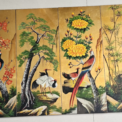 Tranh sơn mài bộ 4 tấm Mai Tùng Cúc Trúc vẽ kết hợp đắp nổi cao cấp 70x110 cm
