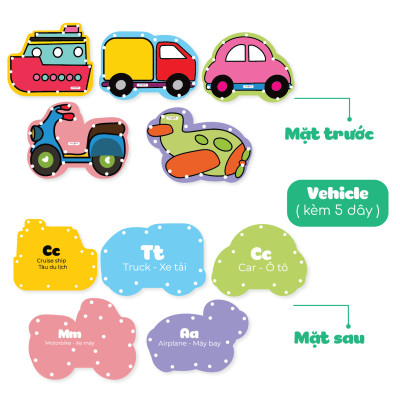 Đồ Chơi Xỏ Dây Lacing Cards - Bộ 10 Thẻ Động Vật Khủng Long Phương Tiện Giao Thông - Lalala Baby 
