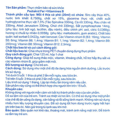 Siro Bổ Sung Sắt Và Vitamin Nhóm B Cho Bé Pediakid Fer + Vitamines B Giúp Tăng Tạo Máu, Kích Thích Thèm Ăn (Chai 125ml)