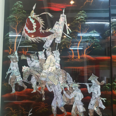 Tranh sơn mài Bộ 4 tấm Vinh Quy Bái Tổ cẩn ốc xà cừ, hàng đẹp, hàng xuất khẩu size 80x160 cm