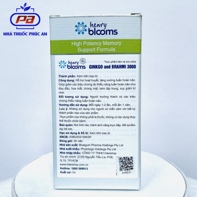 Viên uống bổ não, tăng cường trí nhớ Ginkgo and Brahmi 3000 Henry Blooms 30 - 60 viên