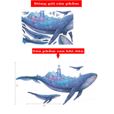 Sticker Giấy Dán Tường Decal Dán tường Tranh Dán Tường Trang Trí Tường Mẫu Cá Voi Xanh có ngọn Hải Đăng ZH-1011