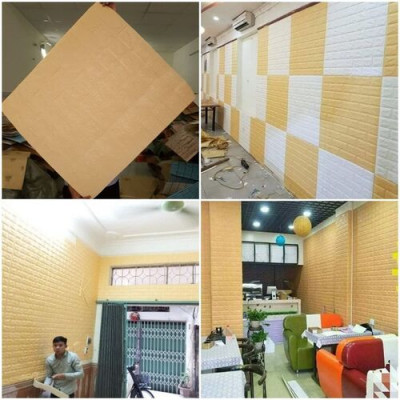 Bộ 5 Tấm Xốp Dán Tường 3D Giả Gạch Vàng Kem 70cmx77cm