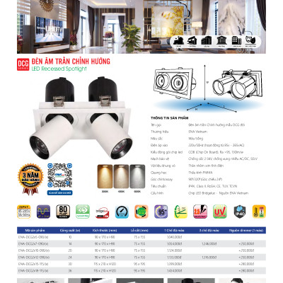 Đèn LED âm trần đôi chỉnh hướng chiếu điểm ENA mẫu DCG 10W 14W 20W 24W dễ dàng điều chỉnh góc chiếu sáng