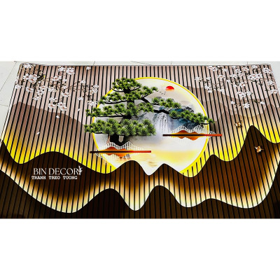 (CÓ ẢNH THẬT) Tranh dán tường 3d lam sóng cây tùng bách 2 trang trí decor phòng khách có sẵn keo